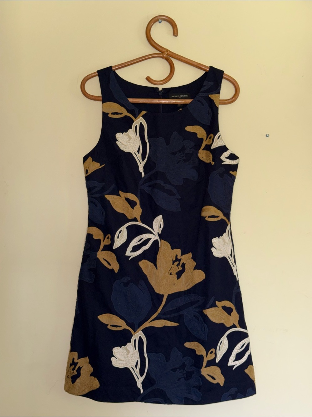 Banana Republic Navy Floral Sheath Dress with Gold & White Motif